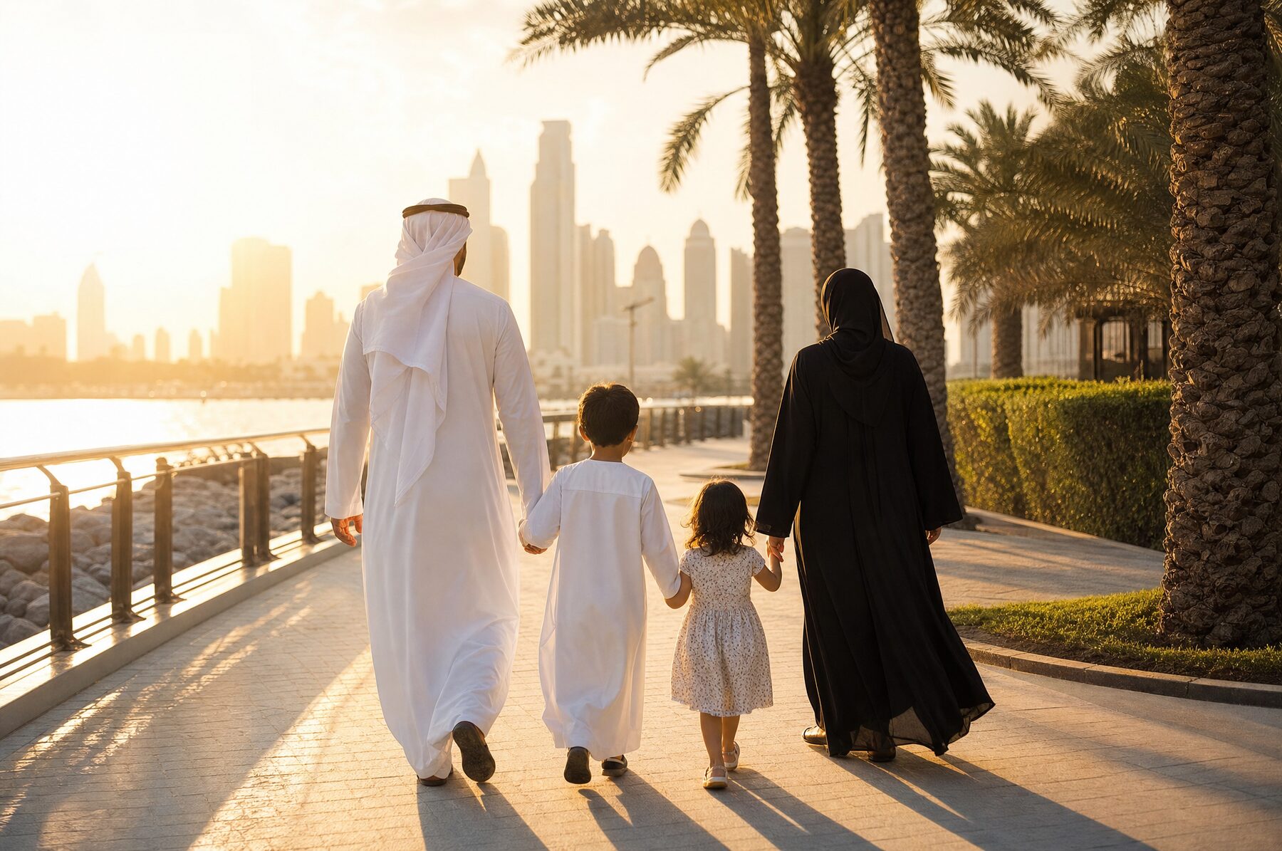 A family walking along a Dubai promenade at golden hour with the skyline behind them